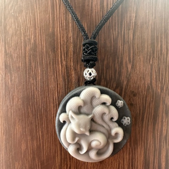 Jewelry - Tai Chi Stone Nine Tail Fox Pendant on Black Adjustable Rope